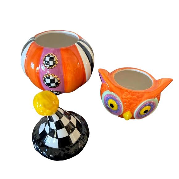 Mackenzie Childs Trick or Treat Owl Stacked Candy Dish Ceramic Orange Check New - Picture 6 of 10
